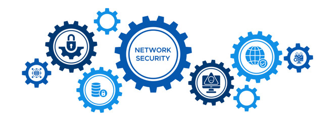 Network Security and Infrastructure Banner Vector Concept Featuring Icons for Database Protection, Network Attacks, and Safety Solutions