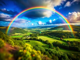 Fototapeta premium Curved Rainbow Over Serene Landscape - Tilt-Shift Photography Effect