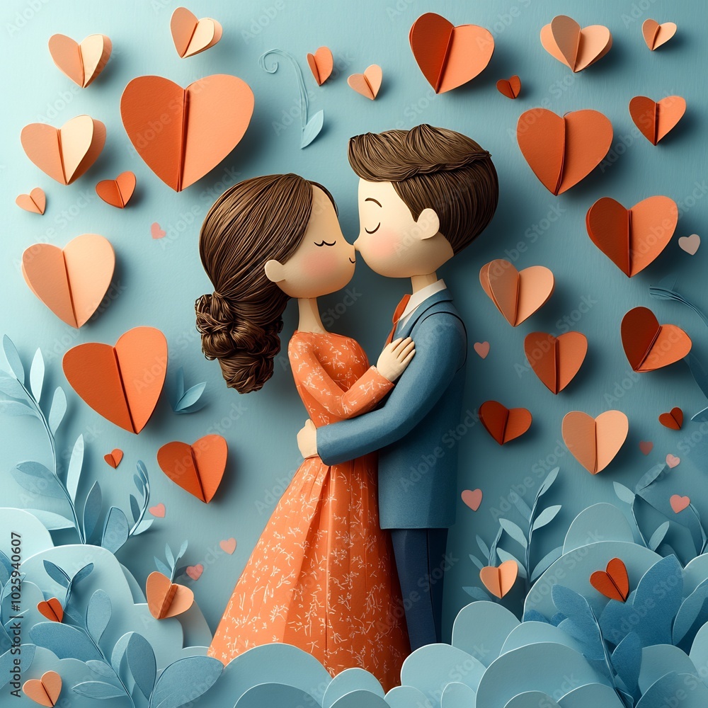 Aufkleber loving couple hugging while surrounded by a cascade of floating paper hearts a minimalistic and roma