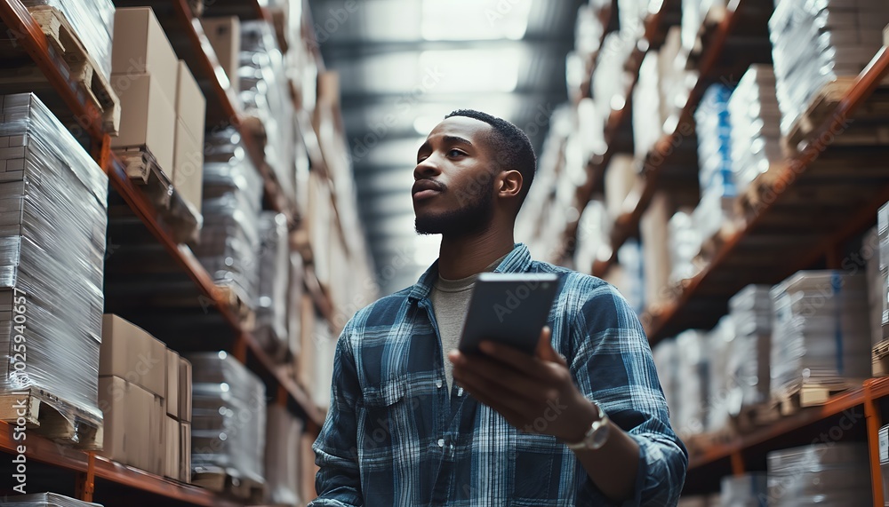 Poster a worker inspects inventory in a warehouse, utilizing a device to manage stock and ensure efficient 