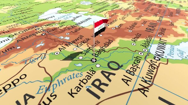 Iraq flag waving on the map