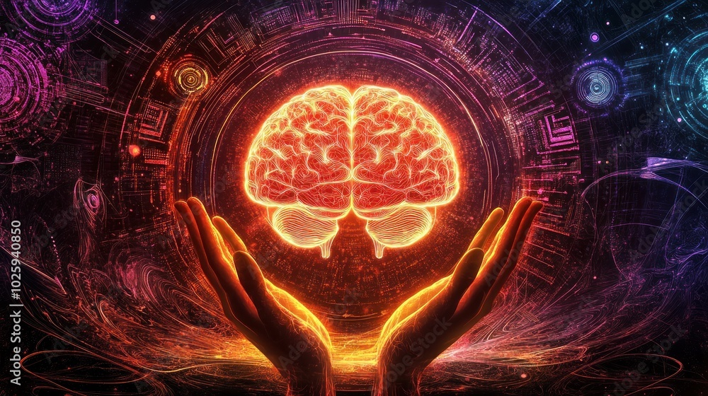 Poster glowing brain held by hands in a network of lines and circles