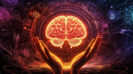 Glowing Brain Held by Hands in a Network of Lines and Circles