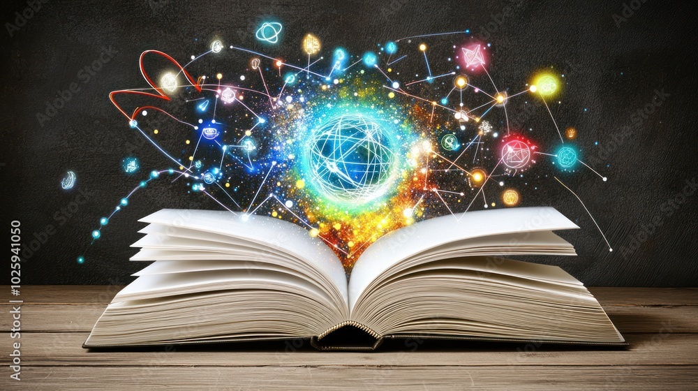 Aufkleber Open Book with Abstract Glowing Network and Cosmic Elements
