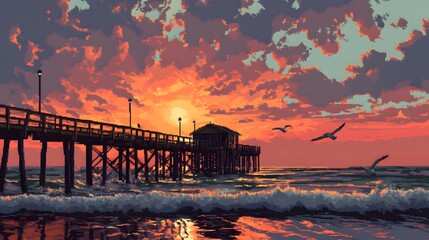 Fototapeta premium Seaside Pier at Sunset in Pixel Art Style
