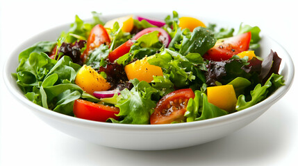 A colorful mixed green salad featuring fresh lettuce, ripe tomatoes, and bright yellow peppers, seasoned with black pepper. This healthy and vibrant salad is perfect for a light and refreshing meal.