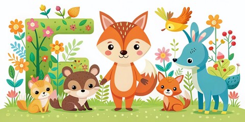 Cute Fox Alphabet - Letter F with Adorable Animals Illustration for Kids Learning
