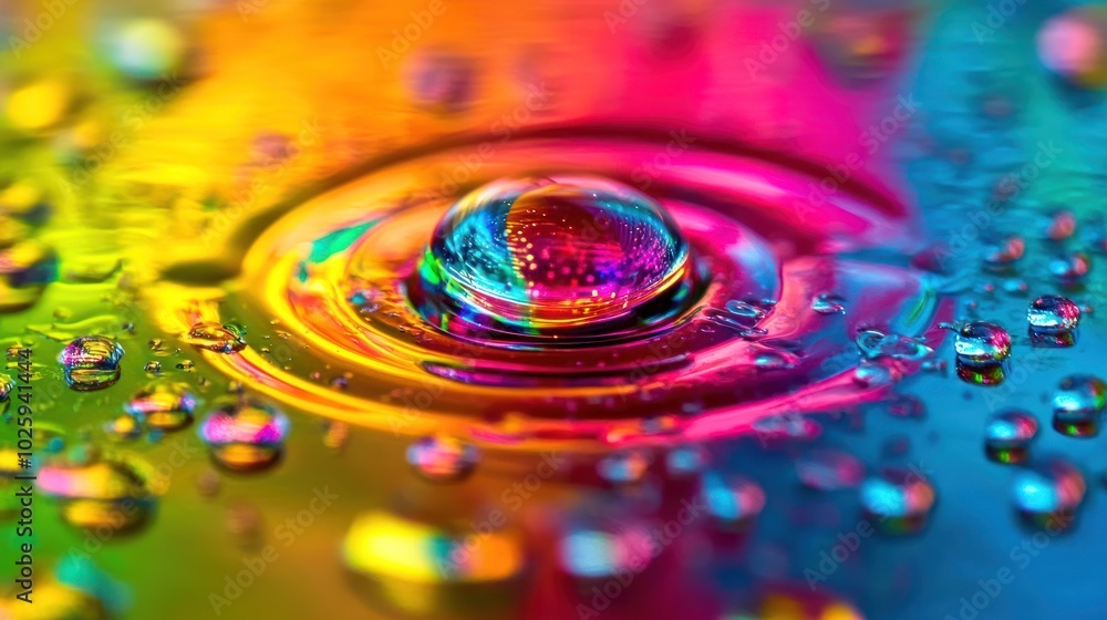 Poster A Single Water Droplet Creating a Colorful Ripple on a Shiny Surface