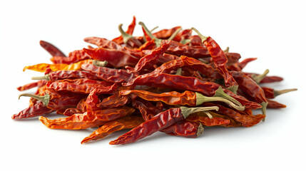 Fototapeta premium Pile of Dried Red Chili Peppers on White Background - A vibrant pile of dried red chili peppers with wrinkled textures, showcasing their intense color and spicy flavor.