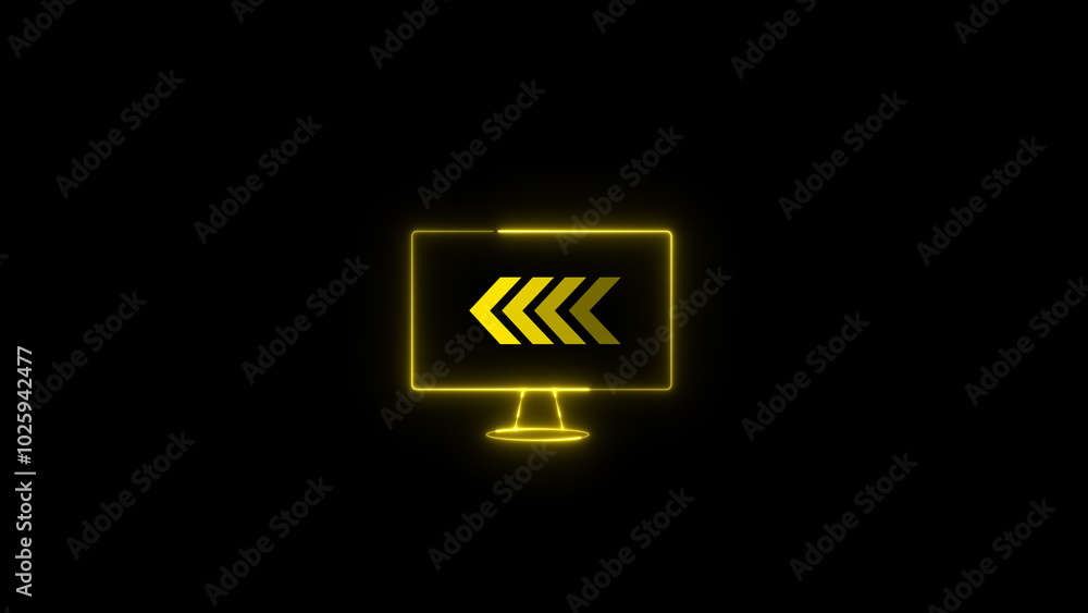 Poster neon monitor with arrow pointing right to left direction on black background.