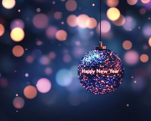 Fototapeta premium Festive ornament with 'Happy New Year' inscription against a dreamy, bokeh background.
