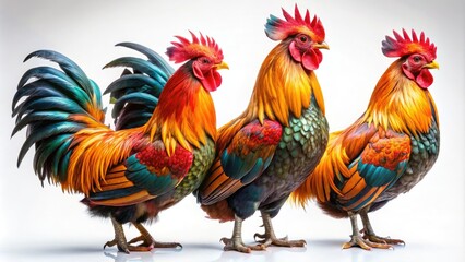 Fototapeta premium Vibrant free-range male roosters striking various poses against a white backdrop, captured in low-light photography, showcasing their colorful feathers and unique expressions.
