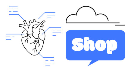 Black and white anatomical heart with blue text pointers. A blue speech bubble with Shop beside a cloud outline. Ideal for healthcare, e-commerce, medical stores, health awareness, and online