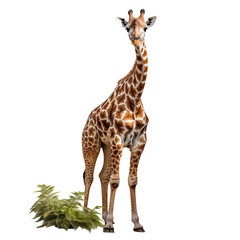 Naklejka premium A young giraffe stands gracefully near lush greenery in a bright environment