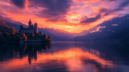 Naklejka premium A majestic castle stands by a serene lake under a vibrant sunset, reflecting colors in the calm water. Nature and architecture unite beautifully.