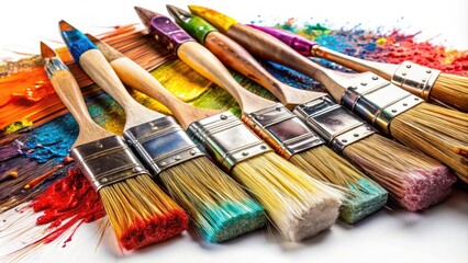 Obraz premium Vibrant paintbrushes scattered across a white backdrop, showcasing colorful splatters. Perfect for capturing the essence of creativity in art supplies photography.