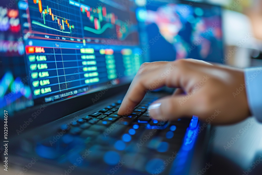 Poster close-up of a financial analyst's hands navigating a world financial market dashboard on a computer