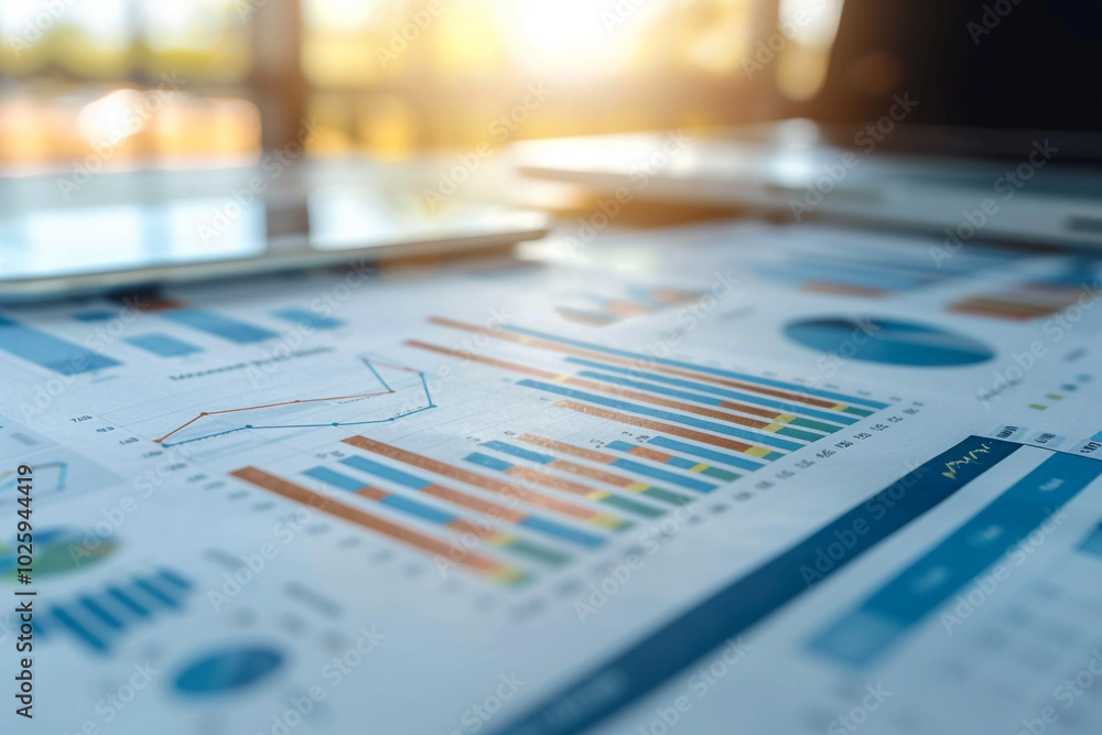Aufkleber close-up of a financial report on blockchain technology impact in banking with charts and graphs