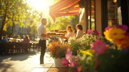 Charming cafe scene with outdoor seating, flowers, and happy customers enjoying a sunny day.