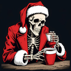 A humorous illustration of a skeleton dressed as Santa Claus, wearing a Santa hat and a red coat, holding a steaming mug of hot chocolate.