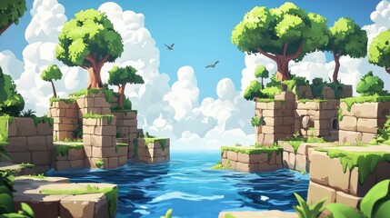 Stone Ruins Emerging From The Sea With Lush Green Trees