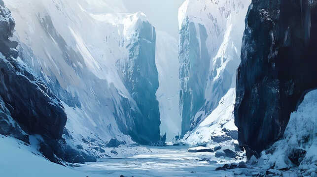 A snowy mountain range with a deep canyon in the middle