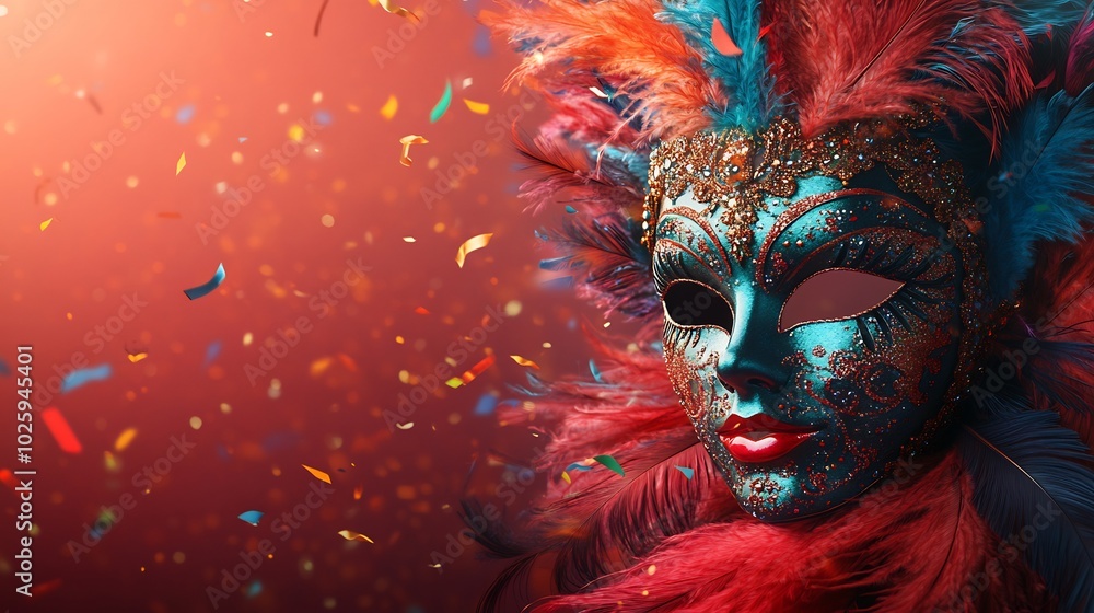 Poster multicolored carnival mask adorned with feathers and beads resting on a minimalist banner with vibra