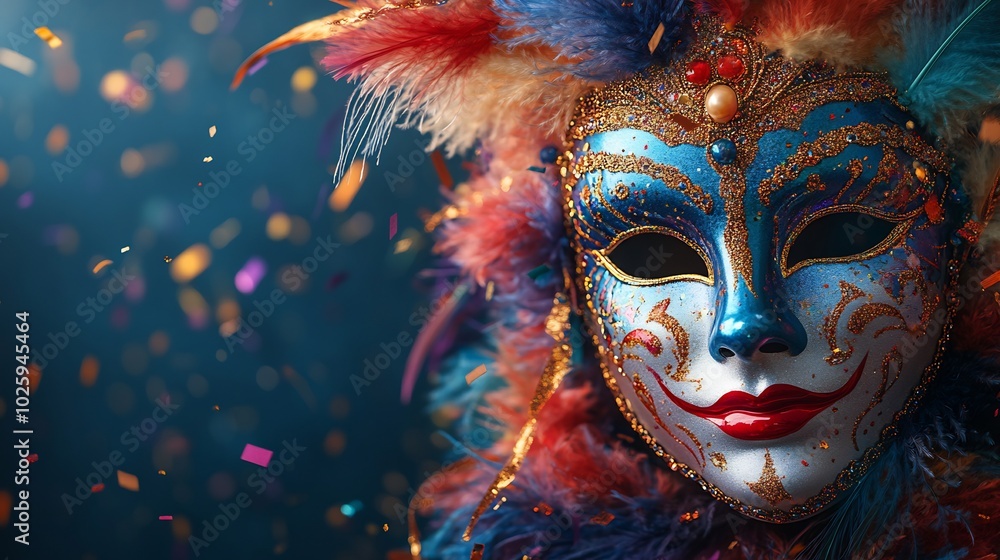 Poster multicolored carnival mask adorned with feathers and beads resting on a minimalist banner with vibra