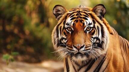 Fototapeta premium A majestic natural scene featuring a large tiger in its habitat, showcasing its powerful physique and striking orange and black stripes. The tiger is captured in a moment of calm, 