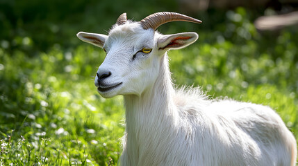 A white goat with a green eye is sitting in a field of grass