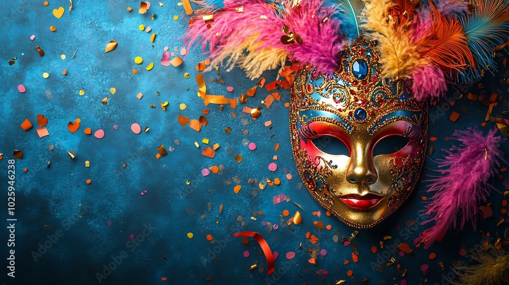 Poster multicolored carnival mask adorned with feathers and beads resting on a minimalist banner with vibra