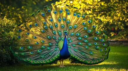 Obraz premium A peacock with its feathers spread wide in a garden setting.