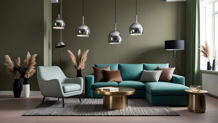 Modern luxury interiors designs. Empty painted wall.dark accent furniture and blank background.Bedroom interior trend 2024 year Modern luxury apricot room interior home designs