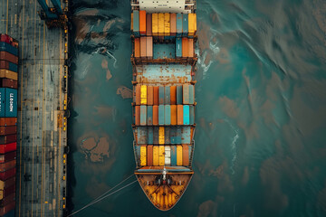 cargo ship loading container for logistic shipping at port, Aerial view