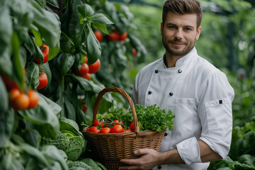 executive chef holding organic vegetables wood basket standing in the organic garden