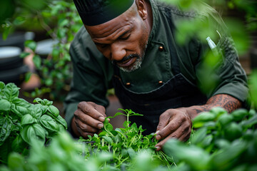 executive chef picking organic herb in garden