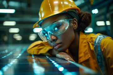 Solar engineer inspecting solar panels, manufacturing, production line, industrial