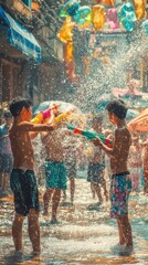 Obraz premium Playful Youngsters Splashing Water Outdoors