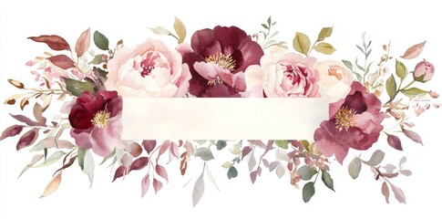 Watercolor floral seamless border including green leaves, burgundy maroon pink peach blush white flowers. For wedding invitations, greetings wallpapers, fashions. Eucalyptus, olive, rose, peonies.