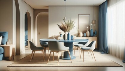 "Elegant modern dining room featuring a blue-themed color palette, with a round table, stylish chairs, and decorative vases, bathed in natural light for a sophisticated and cozy ambiance."

