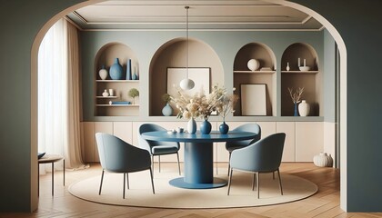 A modern dining room with a blue color palette, featuring a round table, stylish chairs, decorative vases, and natural light, creating a cozy yet sophisticated ambiance.