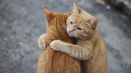 A heartwarming scene of one cat lovingly hugging another, conveying a sense of affection and friendship. The cats are close together, with their arms gently wrapped around each other,