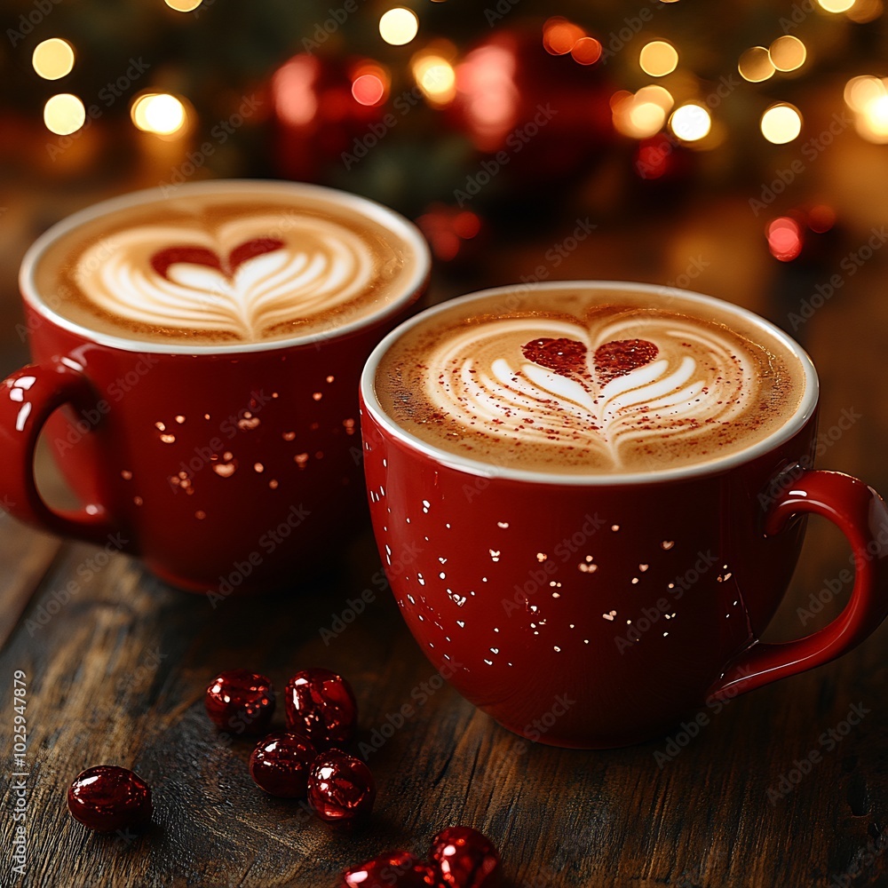 Poster pair of red latte cups with intricate heart designs in the foam surrounded by soft lighting and vale
