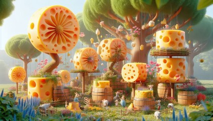 Naklejka premium A whimsical landscape filled with cheese-shaped trees, flowers, and playful creatures.