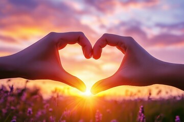 Romantic Couples Hands Forming Heart Shape at Sunset