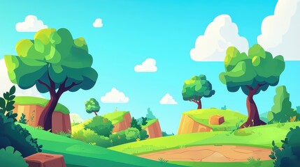 Naklejka premium Cartoon Illustration of a Lush Green Forest Landscape with Trees, Hills, and Clouds