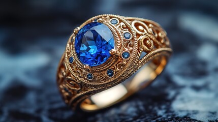 Elegant blue gemstone ring with intricate design