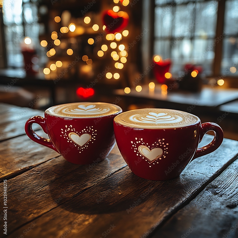 Poster pair of red latte cups with intricate heart designs in the foam surrounded by soft lighting and vale