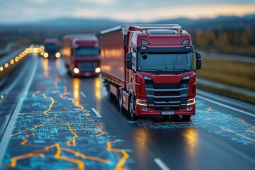 Truck fleet with GPS tracking, real-time logistics management, digital maps, efficient delivery routes. Generative AI
