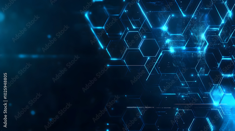 Poster a blue background with a pattern of hexagons and dots